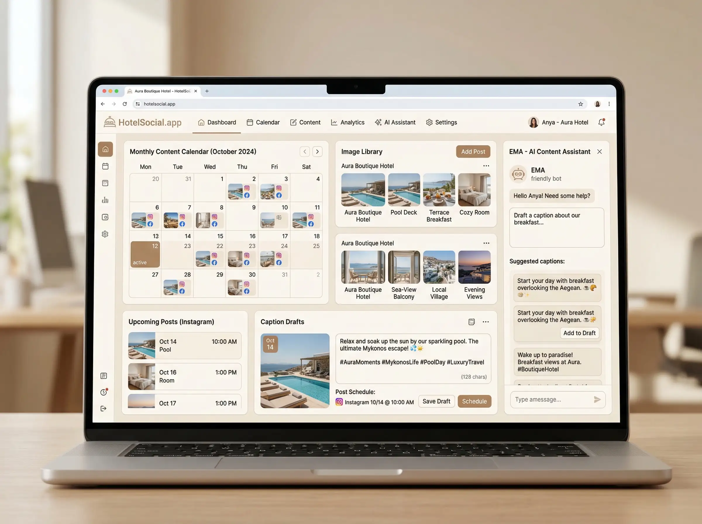 HotelSocial.app dashboard on desktop